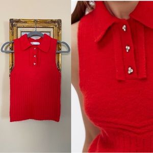 ZARA Bright Red Soft Fuzzy Knit Sleeveless Polo Top w/ Jewel Buttons Sz S